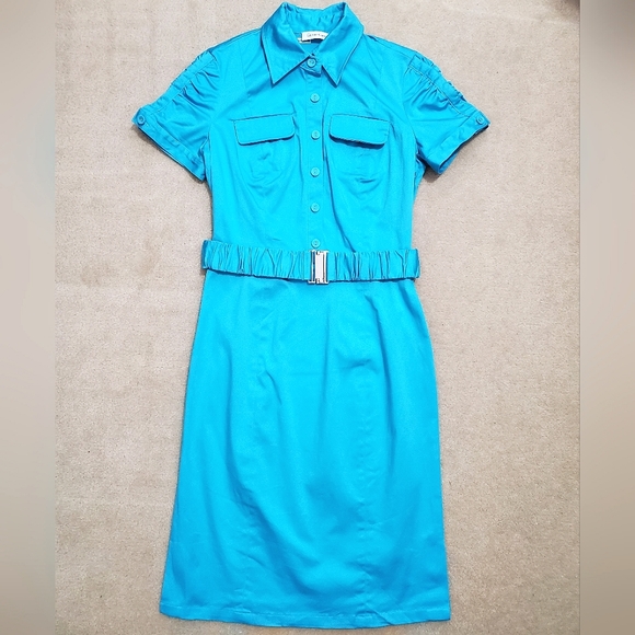 Calvin Klein Dresses & Skirts - Calvin Klein cotton safari dress bright blue belted short sleeve 4 fits XS